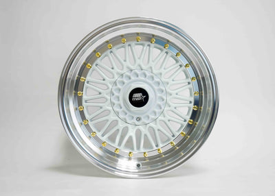 MT13 - White w/Machined Lip Gold Rivets - 17x8.5 5x100/5x114.3 Offset +30