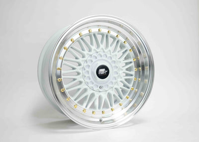 MT13 - White w/Machined Lip Gold Rivets - 17x8.5 5x100/5x114.3 Offset +30