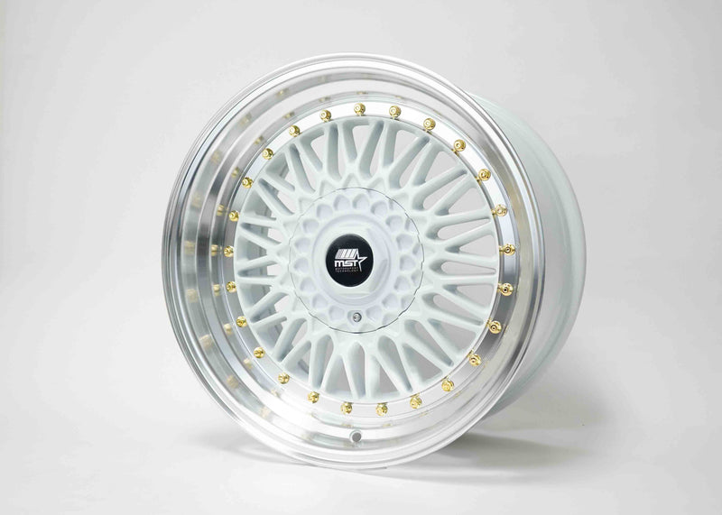 MT13 - White w/Machined Lip Gold Rivets - 17x8.5 5x100/5x114.3 Offset +30