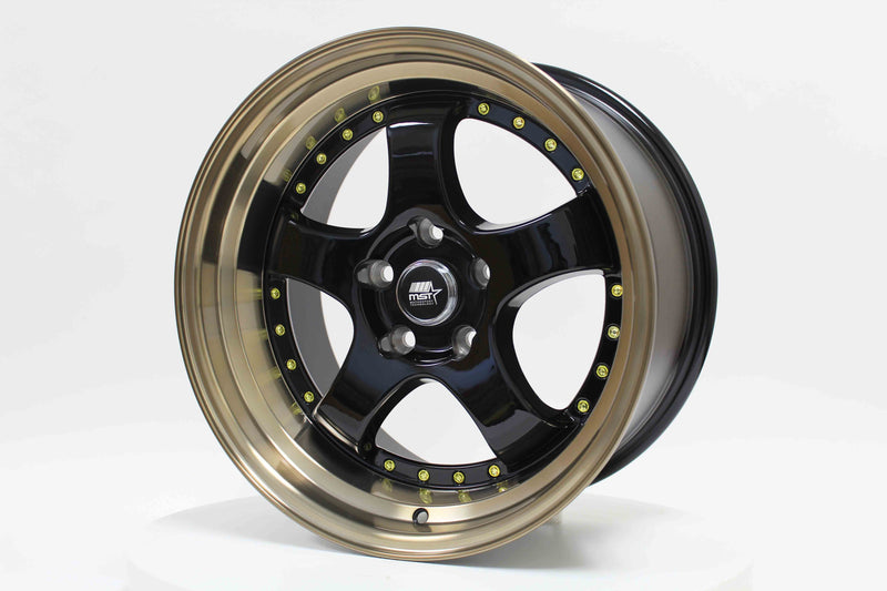 MT07 - Gloss Black w/Machined Lip Gold Rivets - 17x9.0 5x114.3 Offset +20