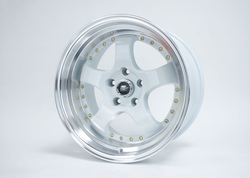 MT07 - White w/Machined Lip Gold Rivets - 17x9.0 5x114.3 Offset +20