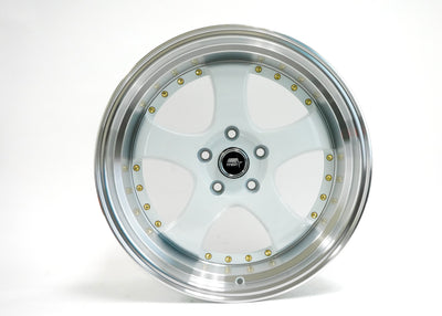 MT07 - White w/Machined Lip Gold Rivets - 18x9.5 5x114.3 Offset +20