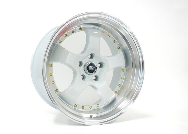 MT07 - White w/Machined Lip Gold Rivets - 18x9.5 5x114.3 Offset +20