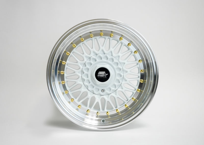 MT13 - White w/ Machined Lip Gold Rivets  - 16x8.0 5x100/5x114.3 Offset +20