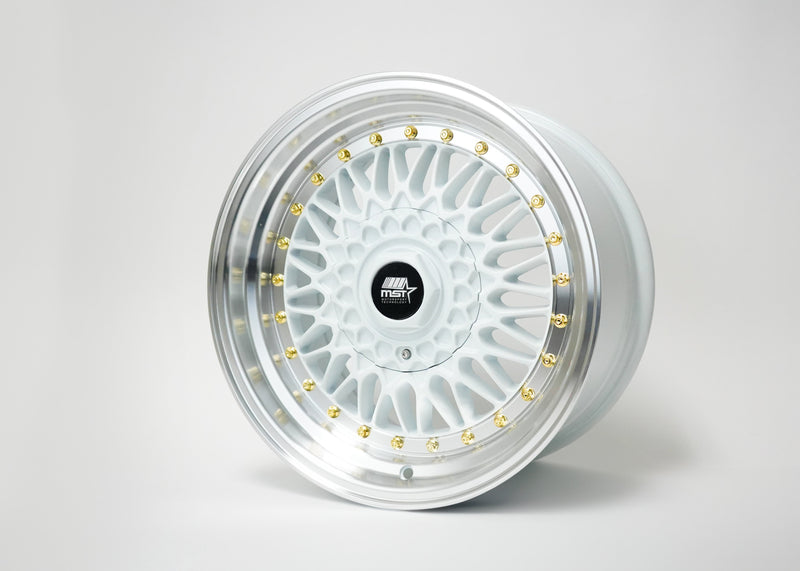 MT13 - White w/ Machined Lip Gold Rivets  - 16x8.0 5x100/5x114.3 Offset +20