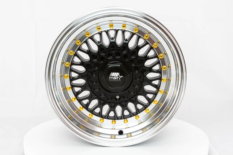 MT13 - Black w/Machined Lip Gold Rivets - 15x8.0 4x100/4x114.3 Offset +20