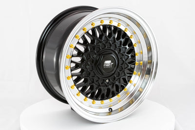 MT13 - Black w/Machined Lip Gold Rivets - 15x8.0 4x100/4x108 Offset +20