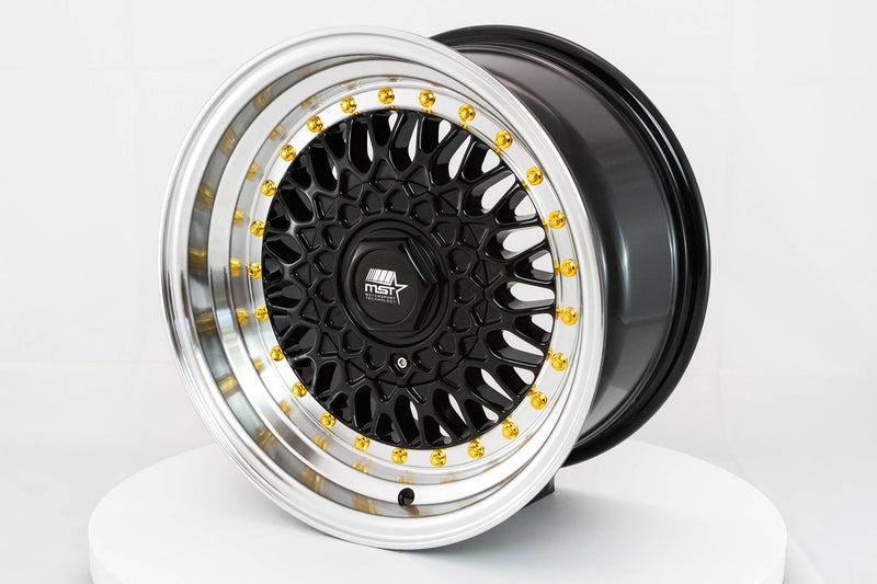 MT13 - Black w/Machined Lip Gold Rivets - 15x8.0 4x100/4x114.3 Offset +20