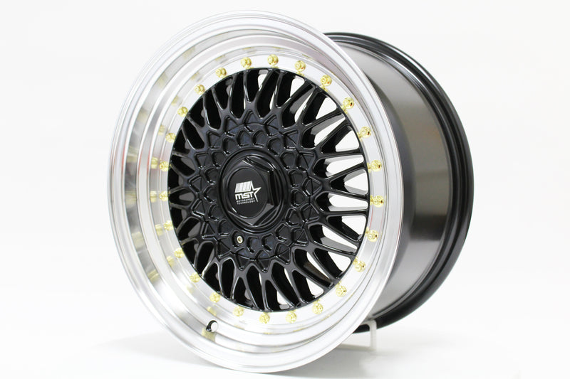 MT13 - Black w/ Machined Lip Gold Rivets - 16x8.0 4x100/4x114.3 Offset +20