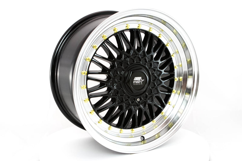 MT13 - Black w/Machined Lip Gold Rivets - 17x8.5 5x112/5x114.3 Offset +30