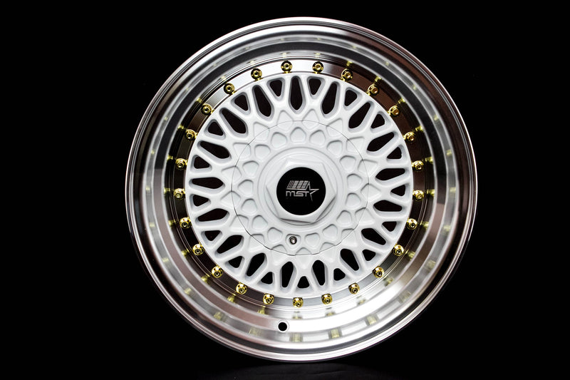 MT13 - White w/Machined Lip Gold Rivets - 15x8.0 4x100/4x114.3 Offset +20