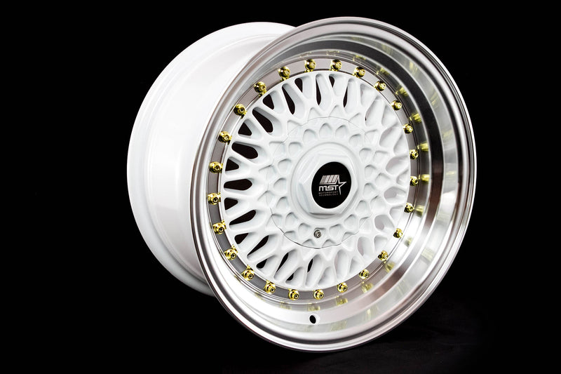 MT13 - White w/Machined Lip Gold Rivets - 15x8.0 4x100/4x114.3 Offset +20