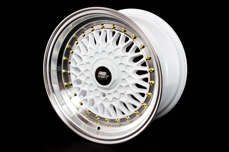 MT13 - White w/Machined Lip Gold Rivets - 15x8.0 4x100/4x114.3 Offset +20