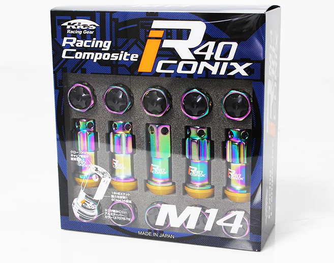 M14x1.25 Neo Chrome Racing Composite R40 Iconix Lock & Nut Set (Black Cap) - Project Kics