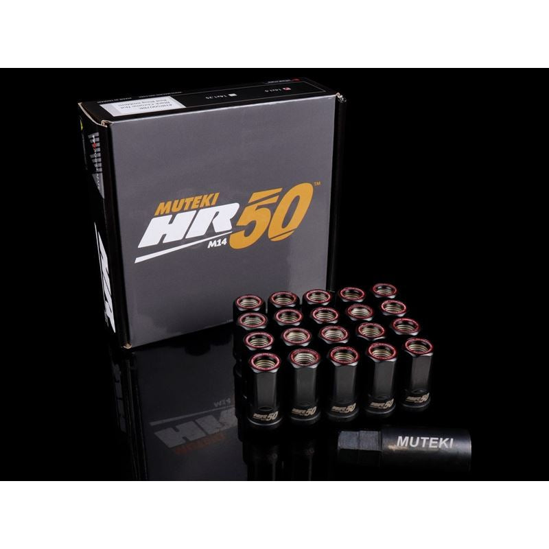 Muteki HR50 Open End Lug Nuts - M14 x 1.50 Black w/ Red Ring