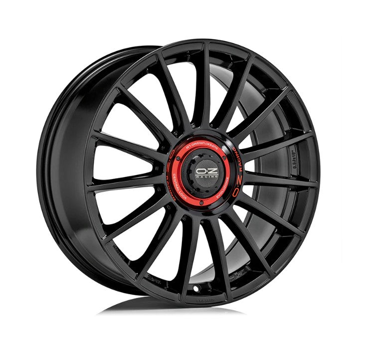 OZ Superturismo Evoluzione 18x8 +35 5x112 75CB - Gloss Black w/ Red Lettering