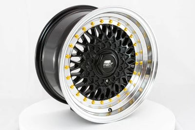 MST MT13 17x8.5 +35 5x114.3/5x120 - Black w/ Machine Lip & Gold Rivets