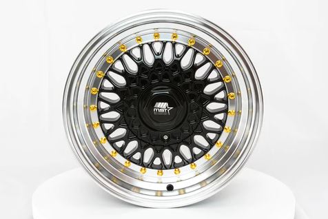 MST MT13 17x8.5 +30 5x114.3/5x120 - Black w/ Machine Lip & Gold Rivets