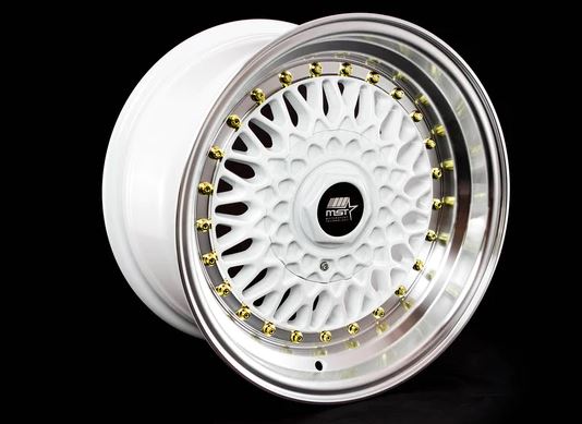 MST MT13 15x8 +20 4x100/4x114.3 - White w/ Machine Lip & Gold Rivets