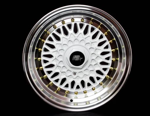 MST MT13 15x8 +20 4x100/4x114.3 - White w/ Machine Lip & Gold Rivets